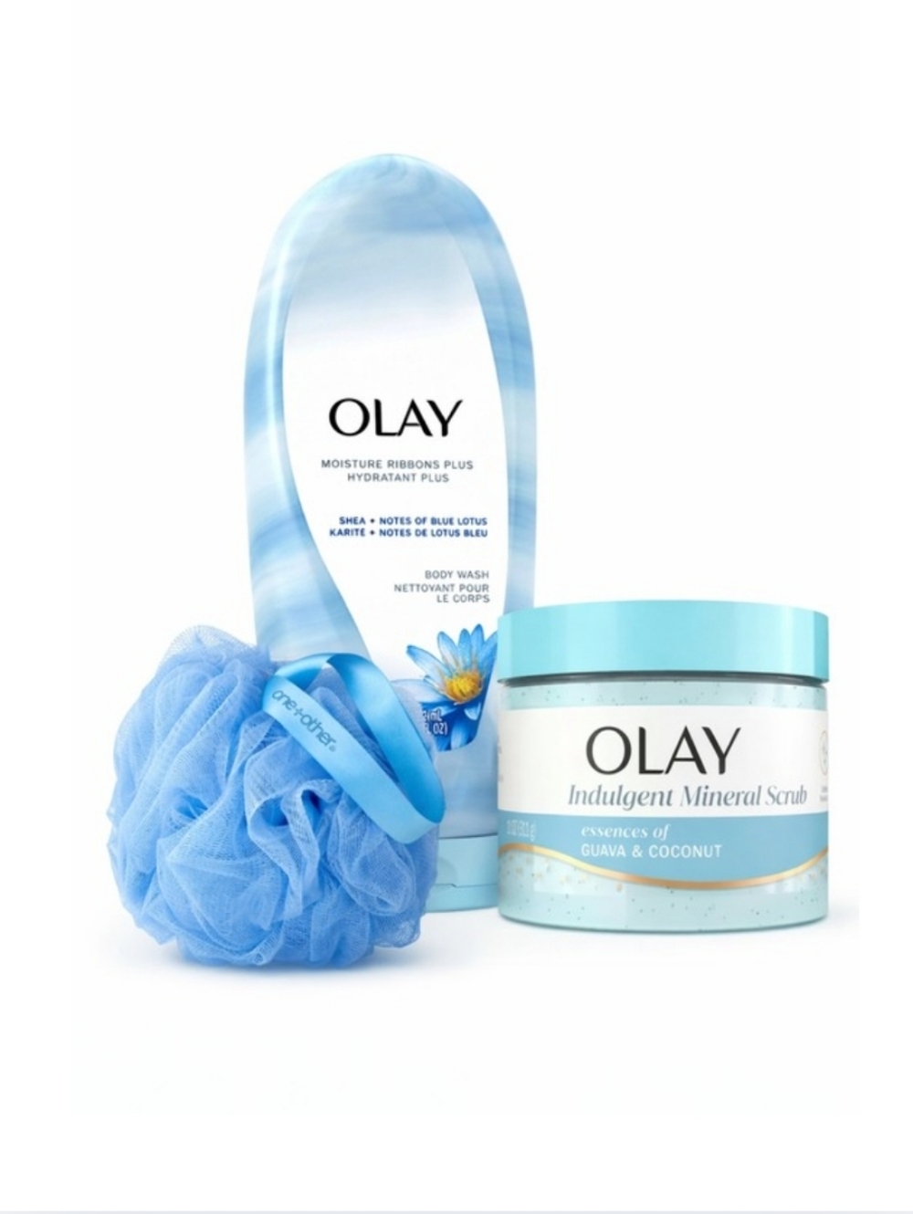 Olay Body Care Set NEW – Scrub + Body Wash + Pouf